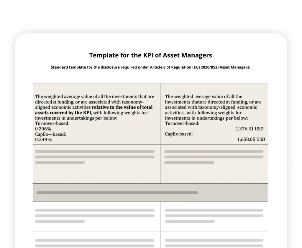 Pagina informativa che mostra un modello di KPI per gestori patrimoniali, con una tabella a due colonne e valori finanziari provvisori.