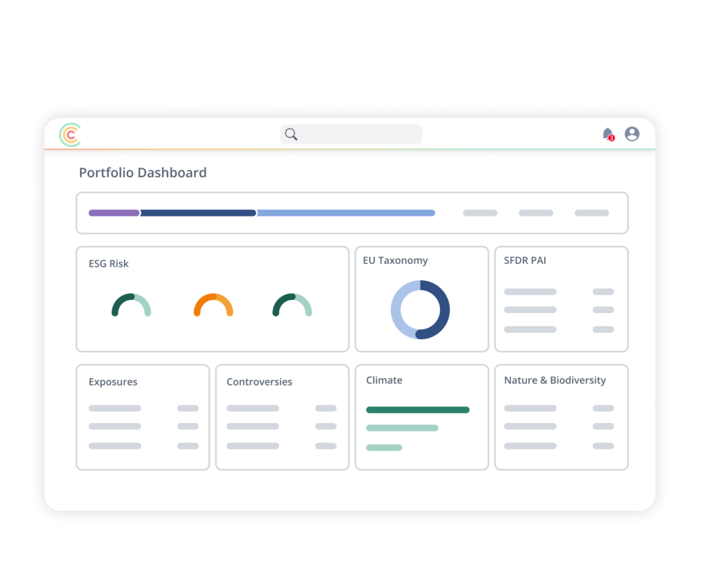 Intestazione della dashboard del portafoglio con logo e barra di ricerca, barra di avanzamento principale e una griglia di schede quali “Rischio ESG”, “Tassonomia UE” e “ SFDR PAI”.