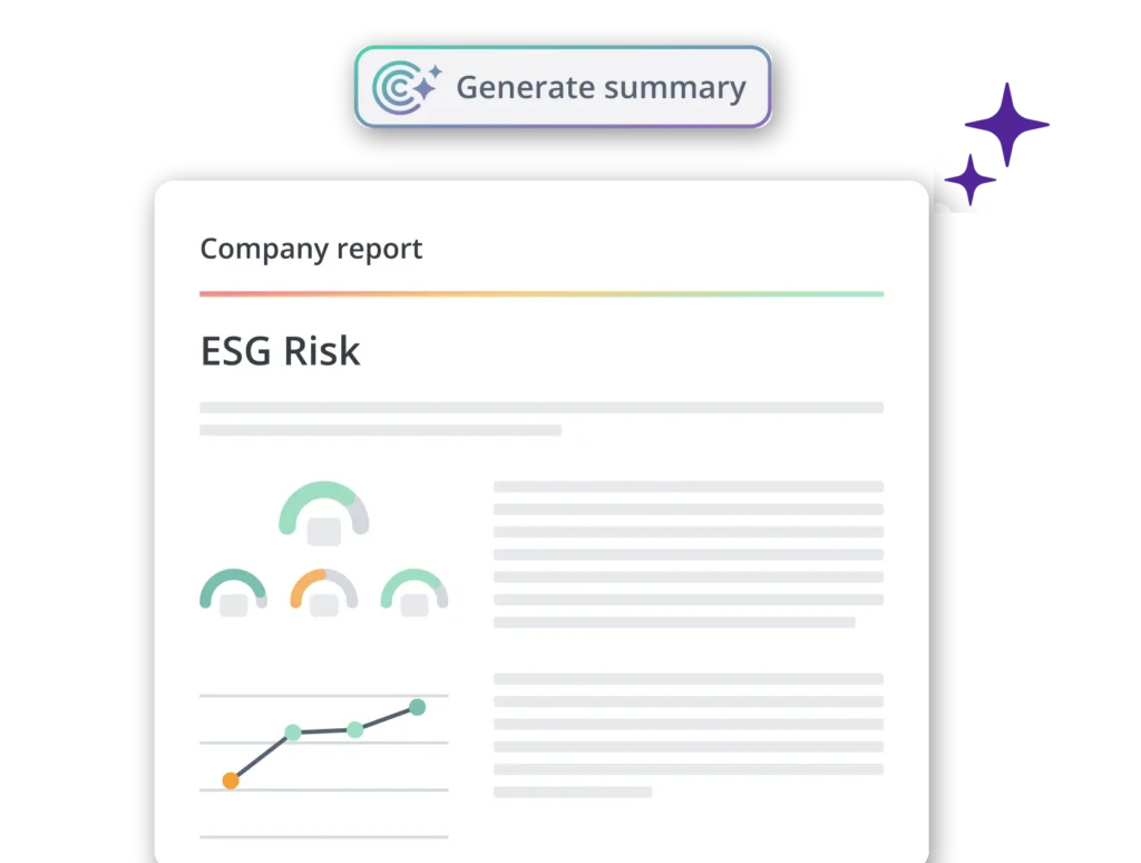 Illustration of a company report page with the title 'ESG Risk' and a rainbow progress bar, set on a white card against a black background.