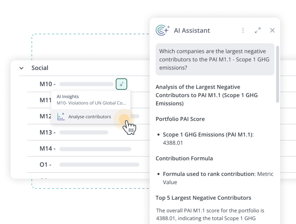 Screenshot dell'interfaccia utente che mostra un pannello dell'assistente AI con un elenco di approfondimenti e una voce evidenziata denominata "Analizza i collaboratori" accanto a un'area delle impostazioni social sullo sfondo