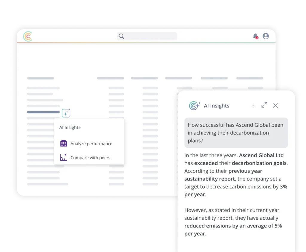 Dashboard aziendale che mostra il pannello “AI Insights” con un estratto di un articolo sugli obiettivi di decarbonizzazione di Ascend Global.
