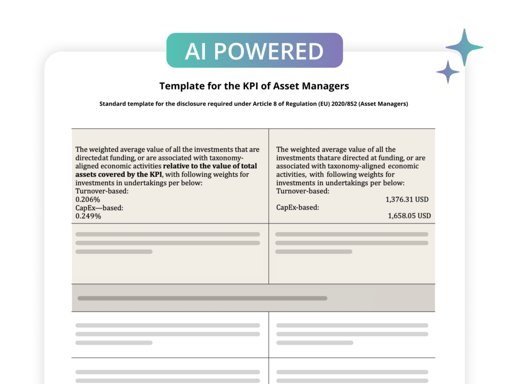 Il badge “AI POWERED” in cima a un documento intitolato “Modello per i KPI dei gestori patrimoniali”, che mostra una tabella dei KPI a due colonne.