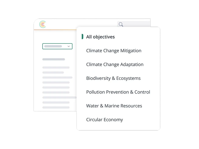 Illustration d'une interface web comportant un menu déroulant répertoriant les objectifs de développement durable : atténuation du changement climatique, adaptation au changement climatique, biodiversité et écosystèmes, prévention et maîtrise de la pollution, ressources en eau et ressources marines, économie circulaire.