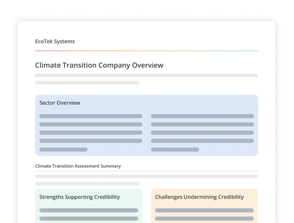 Präsentationsfolie zur Unternehmensübersicht von EcoTek Systems zum Thema Klimawandel mit Abschnittsüberschriften wie „Branchenüberblick“ und „Zusammenfassung der Bewertung“ sowie farbigen Fortschrittsbalken.