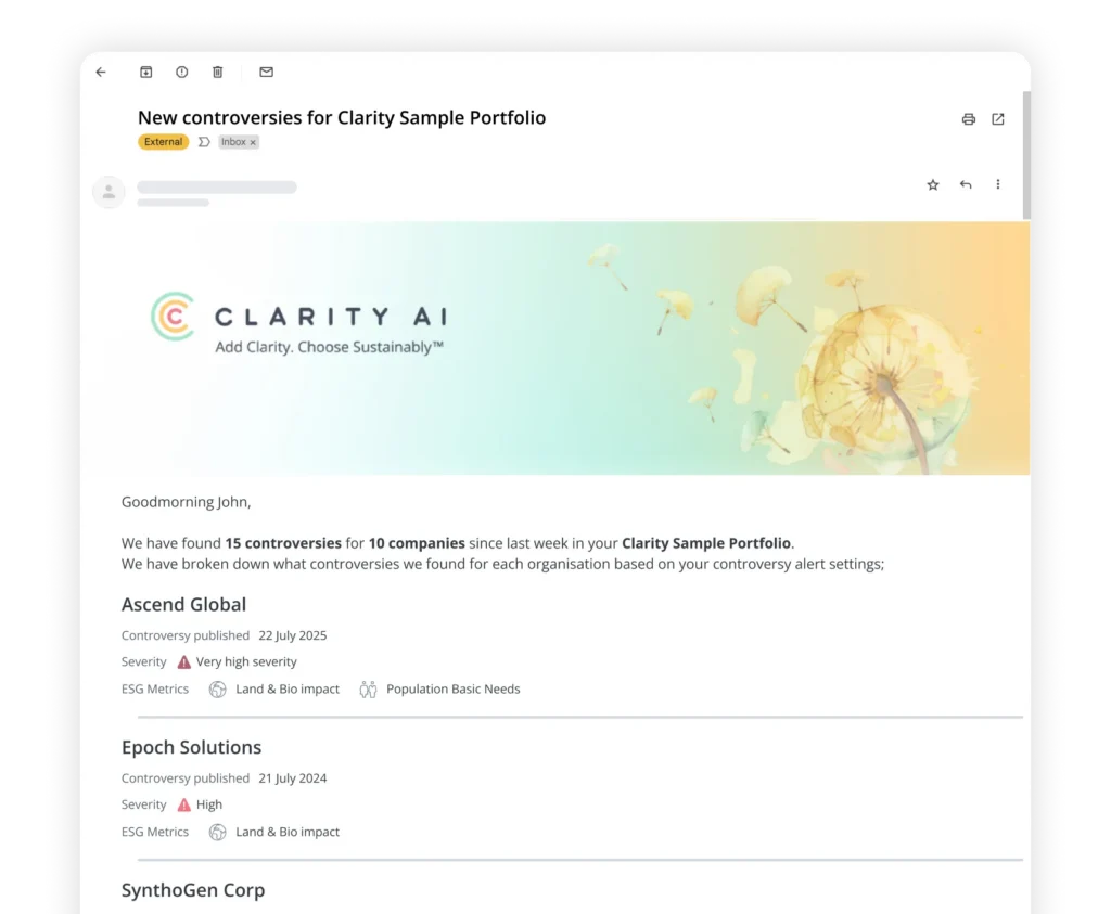 E-Mail-Kopfzeile mit der Überschrift „Neue Kontroversen rund um das Clarity-Beispielportfolio“ über einem Banner mit Farbverlauf, auf dem das „ Clarity AI “-Logo und der Slogan „Add Clarity. Choose Sustainably“ zu sehen sind.