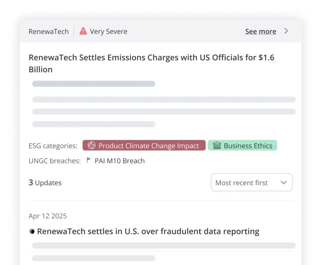 Newsfeed-Karte mit der Meldung: „ReneaTech einigt sich mit US-Behörden auf einen Vergleich in Höhe von 1,6 Milliarden Dollar wegen Emissionsvorwürfen“ mit den Tags „Auswirkungen von Produkten auf den Klimawandel“ und „Unternehmensethik“ sowie einem „Mehr anzeigen“-Link oben rechts