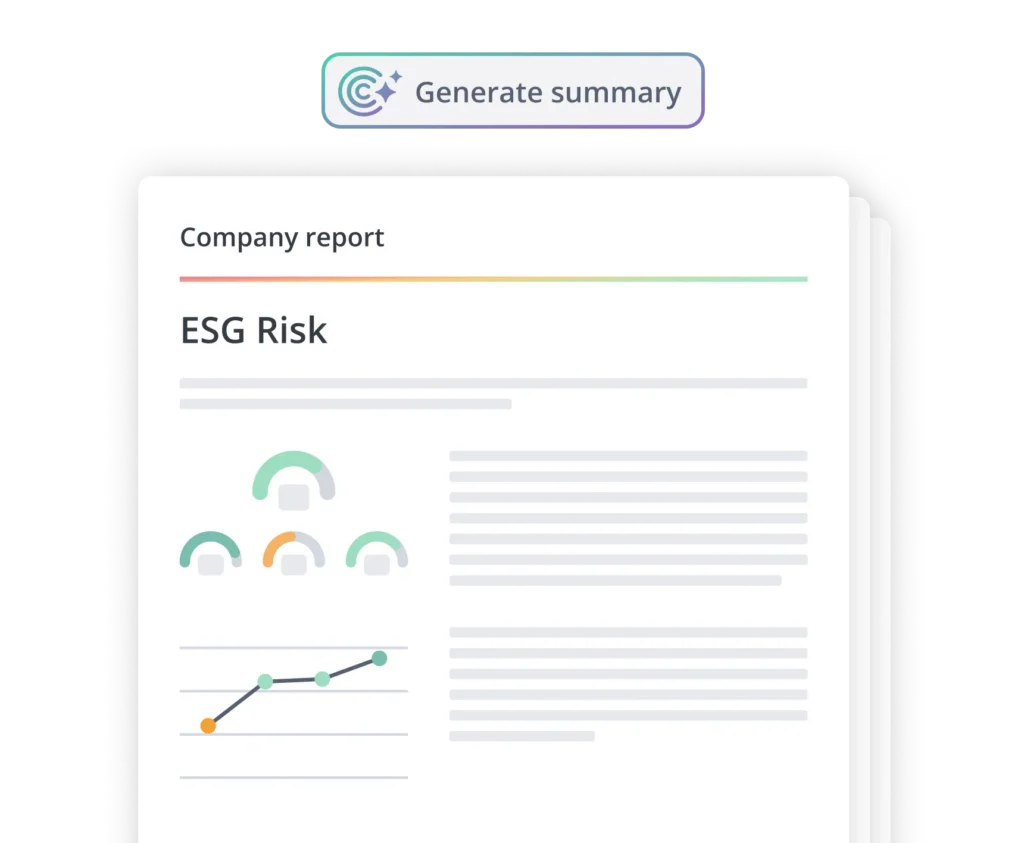 Generate summary button above a multi-page company report page titled ESG Risk with charts and icons.