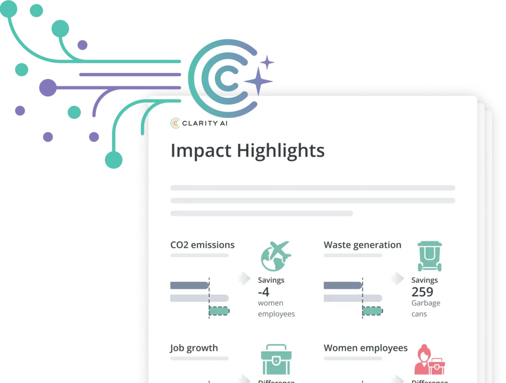 Página de rosto que apresenta os «Destaques do Impact» para « Clarity AI », com imagens de circuitos em azul-petróleo e roxo a emanar de um ícone de documento.