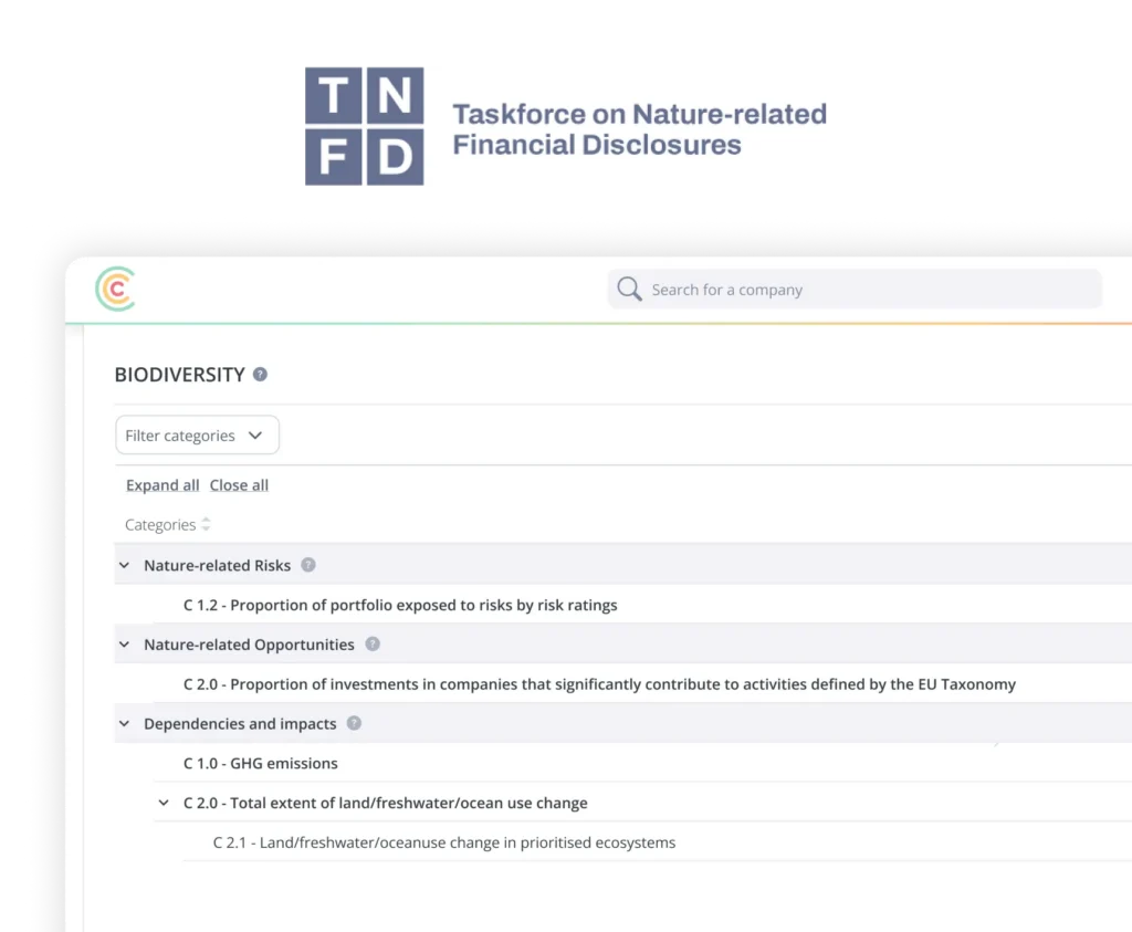 شعار TNFD مع صفحة ويب خاصة بالإفصاحات المتعلقة بالتنوع البيولوجي، تظهر شريط بحث وقسمًا بعنوان «التنوع البيولوجي»
