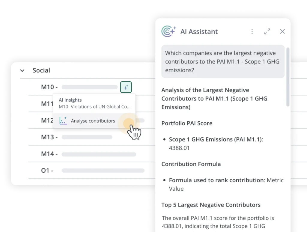 Captura de ecrã da secção «Social» da interface de utilizador de um assistente de IA, mostrando as métricas M10–M14 e um menu pop-up com as opções «AI Insights» e «Analisar colaboradores».