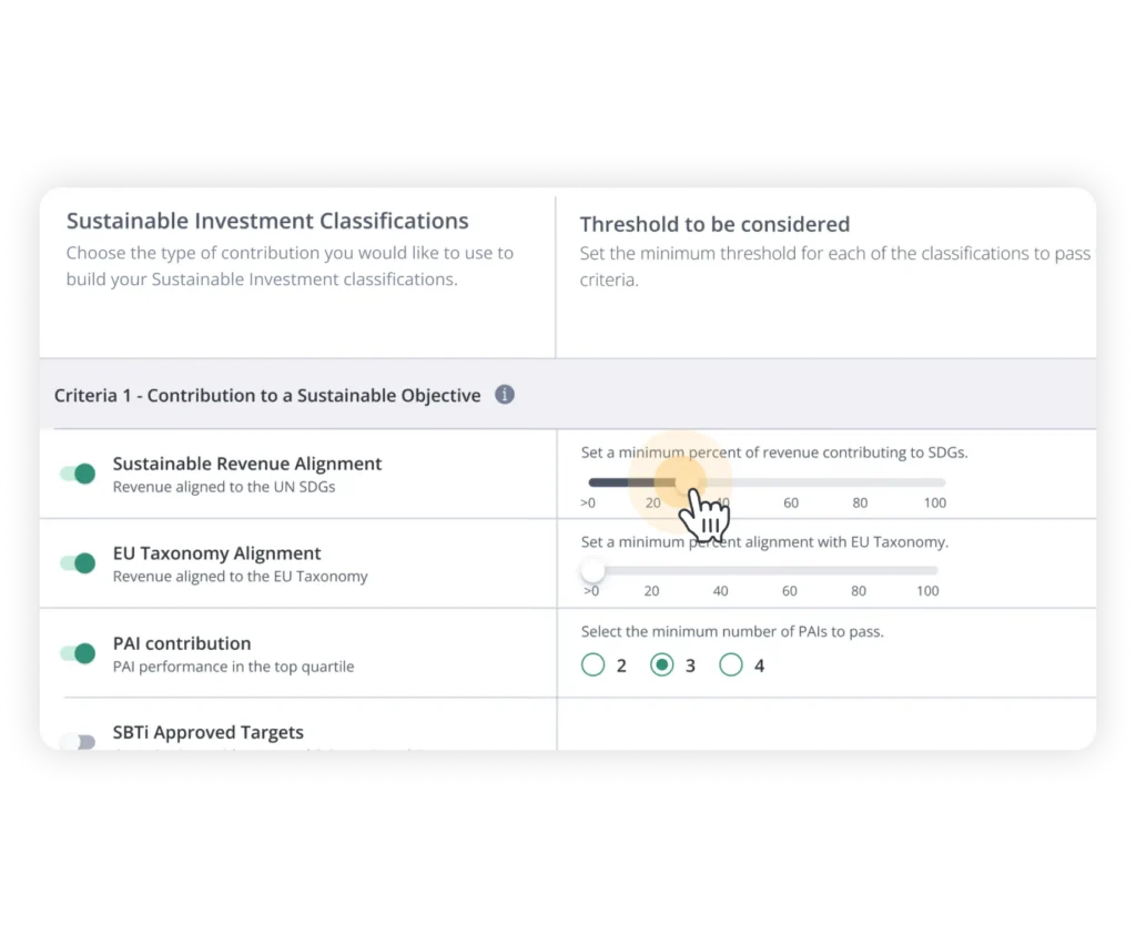 Dashboard section showing Sustainable Investment Classifications with two-column layout and toggle controls for each criterion at the top of a row of sliders and inputs.