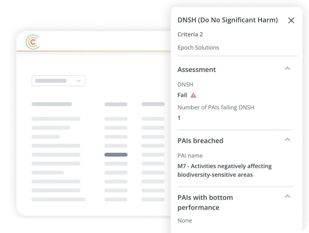 UI screenshot with a right-side panel labeled 'DNSH (Do No Significant Harm)' showing Criteria 2 and an 'Assessment' section, beside a form with placeholder fields on the left.