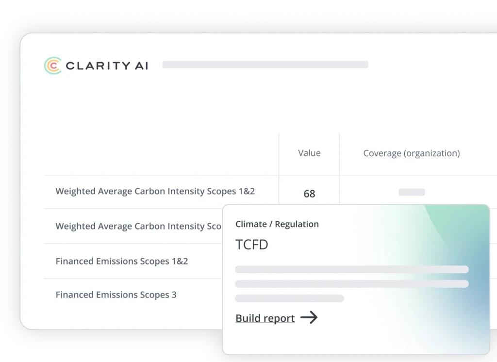 Clarity AI Dashboard-Kopfzeile mit Logo und einem Fortschrittsbalken, darunter eine Datentabelle (Informationsbildschirm)