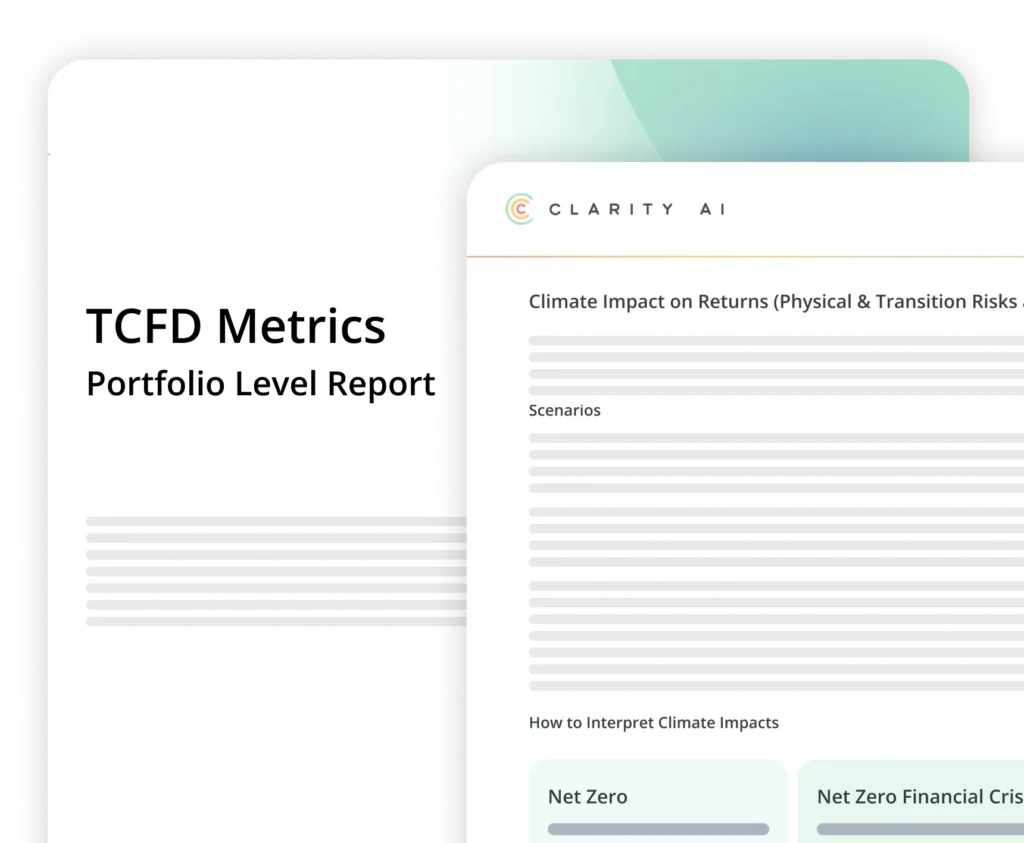 Überlappende Berichtsdeckblätter: links der „TCFD Metrics Portfolio Level Report“ und rechts ein Dokument mit dem Titel „ Clarity AI “.