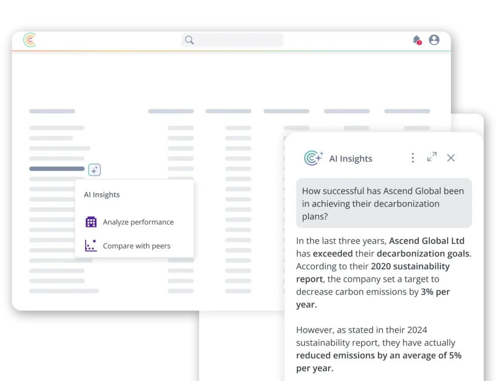 UI dashboard mockup with a floating AI Insights panel titled 'AI Insights' showing options 'Analyze performance' and 'Compare with peers'