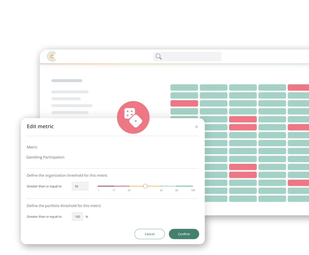 Modal 'Edit metric' over a colorful dashboard, with a pink dice icon and fields to set thresholds (Gambling Participation).