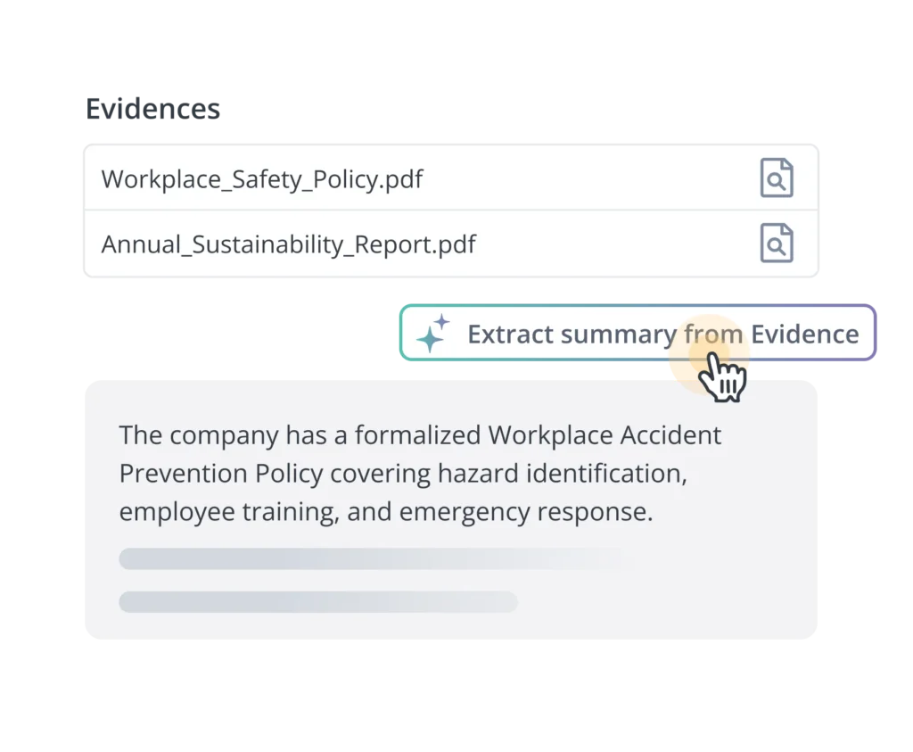 Bildschirmansicht einer Dateiliste mit zwei PDF-Dateien namens „Workplace_Safety_Policy.pdf“ und „Annual_Sustainability_Report.pdf“ sowie einer deutlich hervorgehobenen Schaltfläche „Zusammenfassung aus den Belegen extrahieren“, auf der der Mauszeiger ruht.