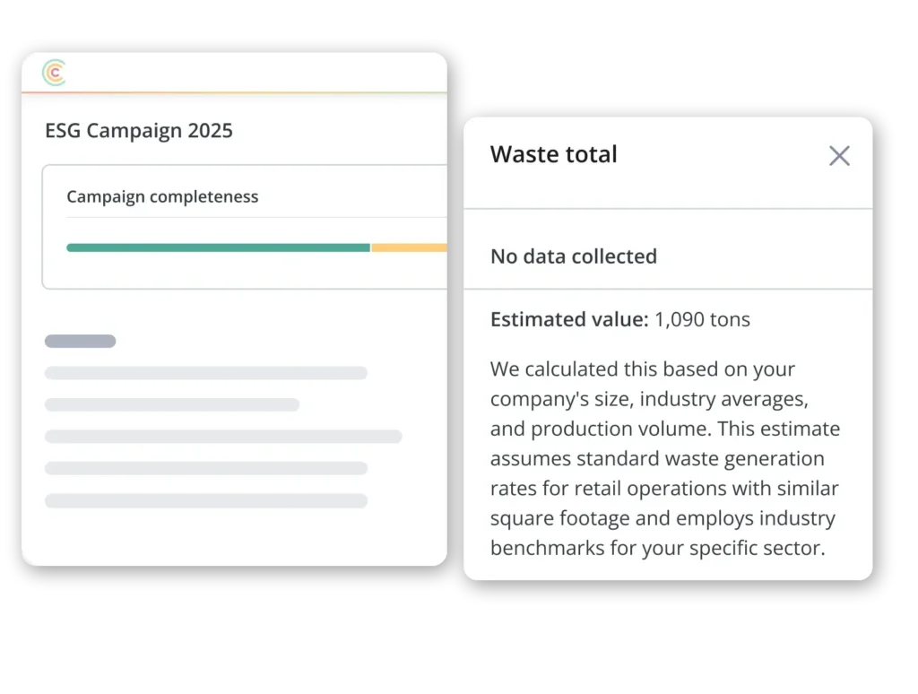 Dashboard mit zwei Feldern: Links wird die „ESG-Kampagne 2025“ mit einem Fortschrittsbalken angezeigt; rechts wird die Gesamtabfallmenge mit dem Hinweis „Keine Daten erfasst“ und einer geschätzten Menge von 1.090 Tonnen angezeigt.
