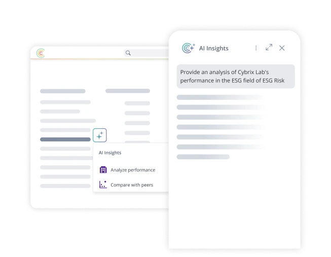 Abbildung von zwei überlappenden Browserfenstern, in denen ein „AI Insights“-Fenster mit Optionen wie „Leistung analysieren“ und „Mit anderen vergleichen“ zu sehen ist.