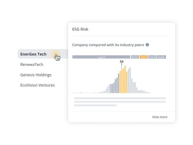 ESG-Risiko-Übersicht, in der ein Unternehmen mit Branchenkonkurrenten verglichen wird, mit einem Histogramm zur Risikoverteilung und EnerGex Tech in der linken Liste hervorgehoben.