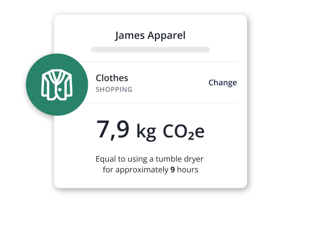 Cartão infográfico: a pegada de carbono das compras de roupa da James Apparel é de 7,9 kg de CO₂e, o equivalente a cerca de 9 horas de utilização da máquina de secar roupa, com um ícone verde de um fato circular à esquerda.