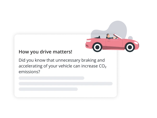 Cartão informativo sobre o impacto da condução: «A forma como conduz é importante!», com um carro cor-de-rosa sobreposto no canto superior direito.