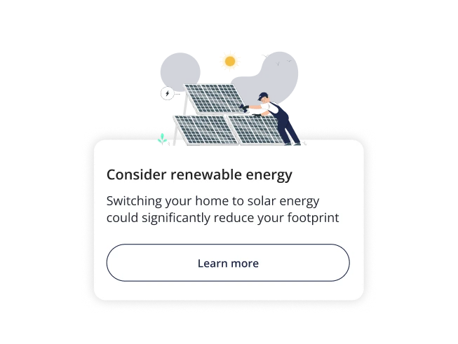 Ilustração de painéis solares com uma pessoa, a promover as energias renováveis, e um botão «Saiba mais» num cartão arredondado.