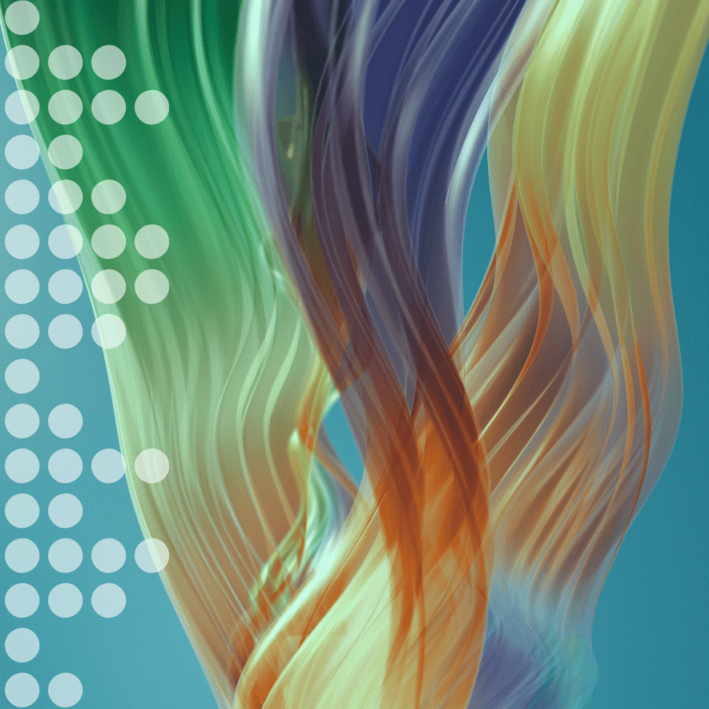 Abstract artwork of multicolored translucent ribbons twisting over a teal background, with pale circles along the left edge.