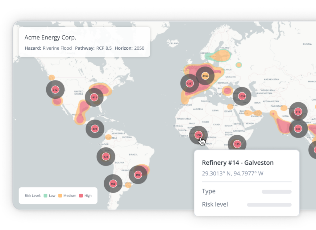 Interactive world map showing refinery sites as colored risk bubbles; popups display site name, coordinates, and risk level (low/medium/high).