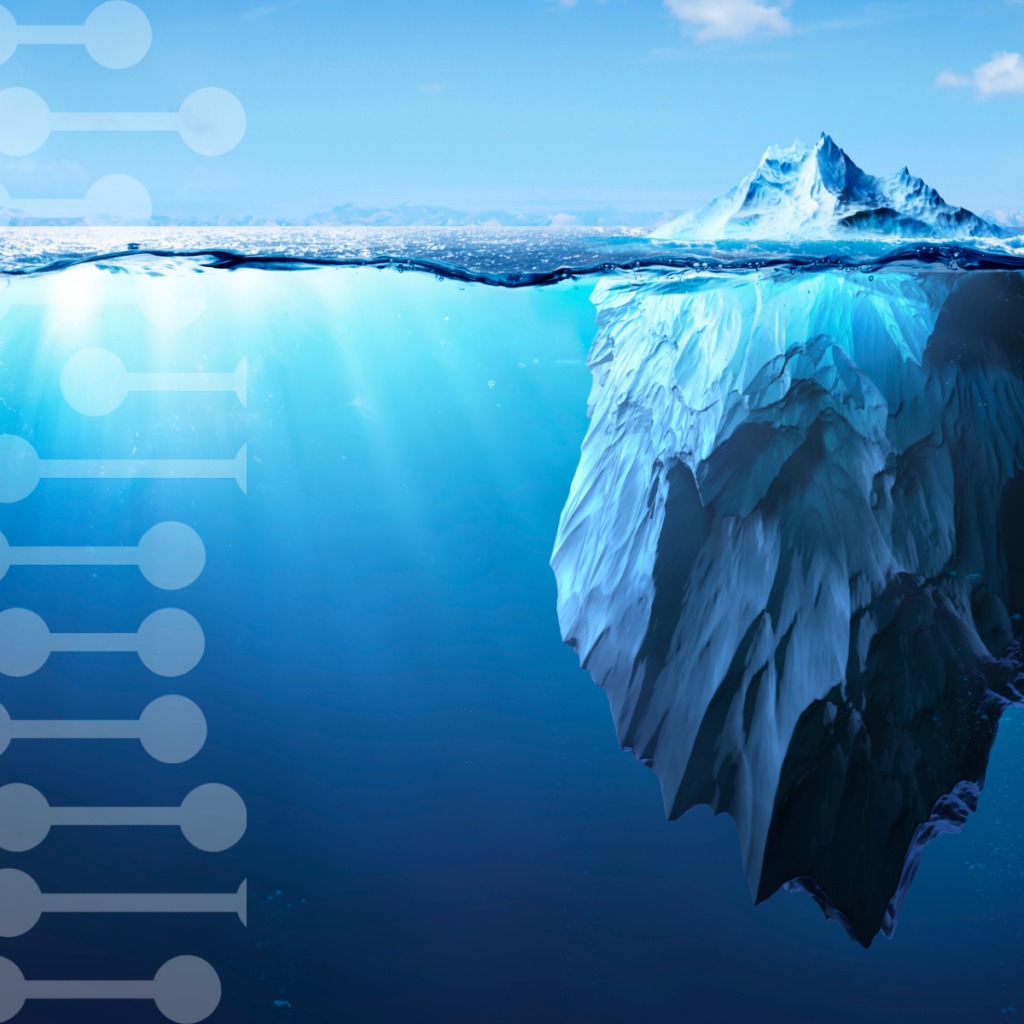 Iceberg floating in blue ocean with a digital circuit pattern along the left side, suggesting data beneath the surface.