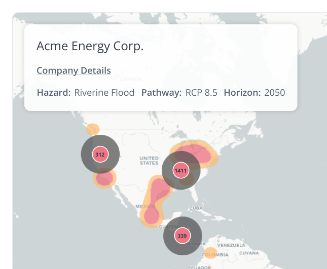 Map showing Acme Energy Corp.'s flood risk hotspots with numbered dark circles on regions and a floating card: Hazard Riverine Flood, Pathway RCP 8.5, Horizon 2050.