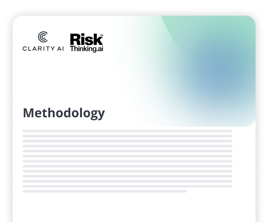Slide header with Clarity AI and Risk Thinking.ai logos, title 'Methodology' and a pale gradient background with placeholder text blocks beneath.