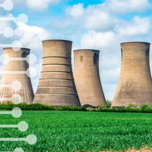 Four large cooling towers rise above a green field under a blue sky, with a translucent white graphic overlay on the left.