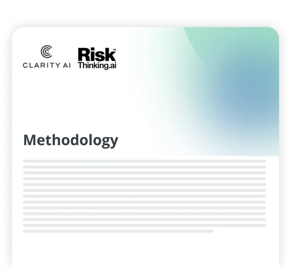 Titelseite mit den Logos von „ Clarity AI “ und „Risk Thinking.ai“ vor einem türkis-blauen Hintergrund mit Farbverlauf und dem Wort „Methodology“ in Fettschrift über grauen horizontalen Linien, die den Textinhalt symbolisieren.