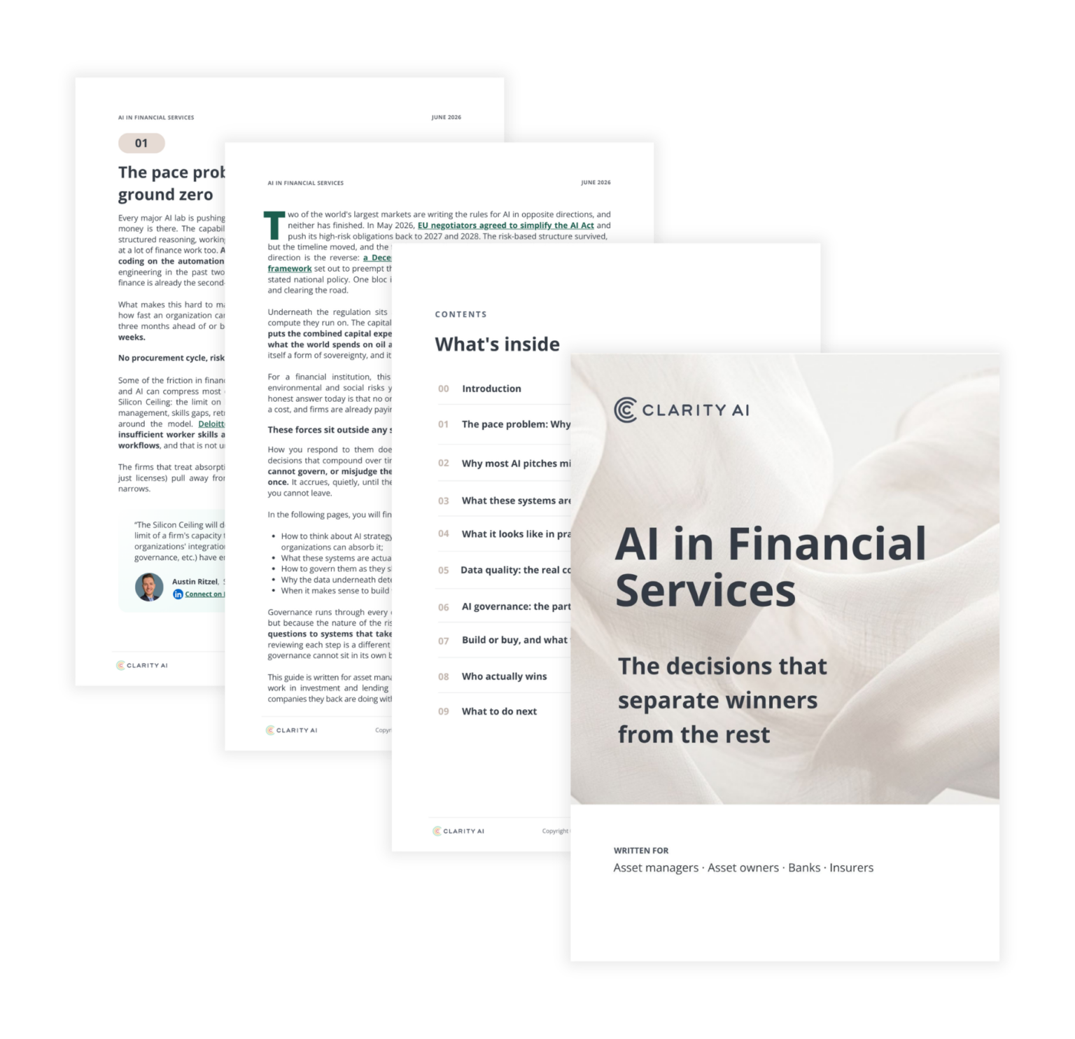Collage de pages de rapport et de diapositives sur l'IA dans le secteur des services financiers, présentant le sommaire et la couverture.