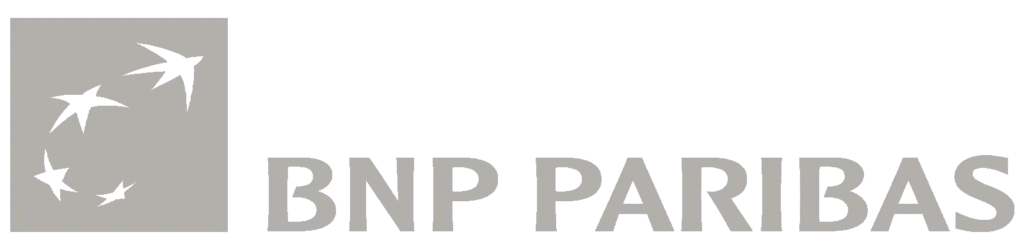 BNP Paribas logo on a black background, featuring a gray square with scattered black pixels and the text 'BNP PARIBAS' in gray.
