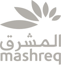 Logótipo da Mashreq com escrita árabe a cinzento ao lado da palavra inglesa «mashreq» e um motivo estilizado de folha a cinzento sobre um fundo preto.