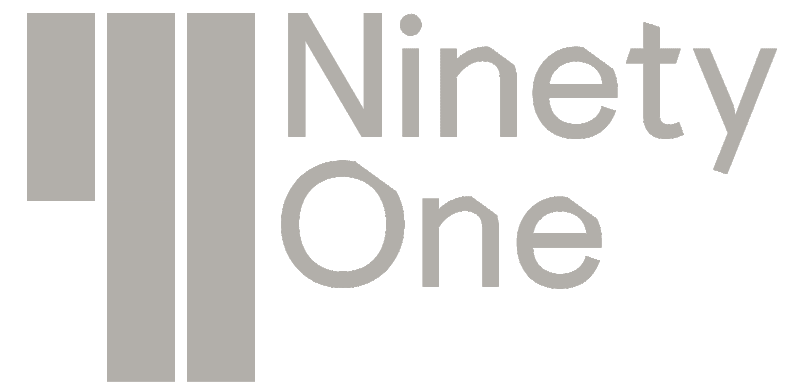Ninety One logo: three gray vertical bars on the left with the words ‘Ninety One’ in gray on a black background.