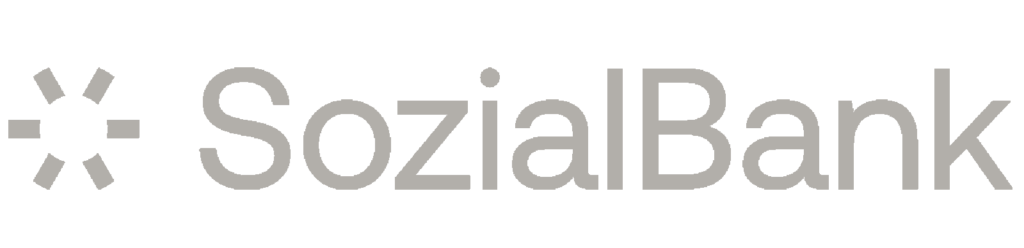 Corporate logo: SozialBank with a gray circular starburst symbol to the left on a black background.