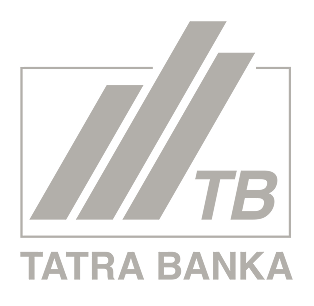 Logótipo do Tatra Banka com três barras diagonais cinzentas, as letras «TB» e o texto «TATRA BANKA» por baixo.