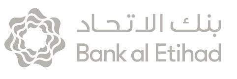 Logótipo do Bank al Etihad com um emblema geométrico em forma de flor e texto bilingue em árabe e inglês.