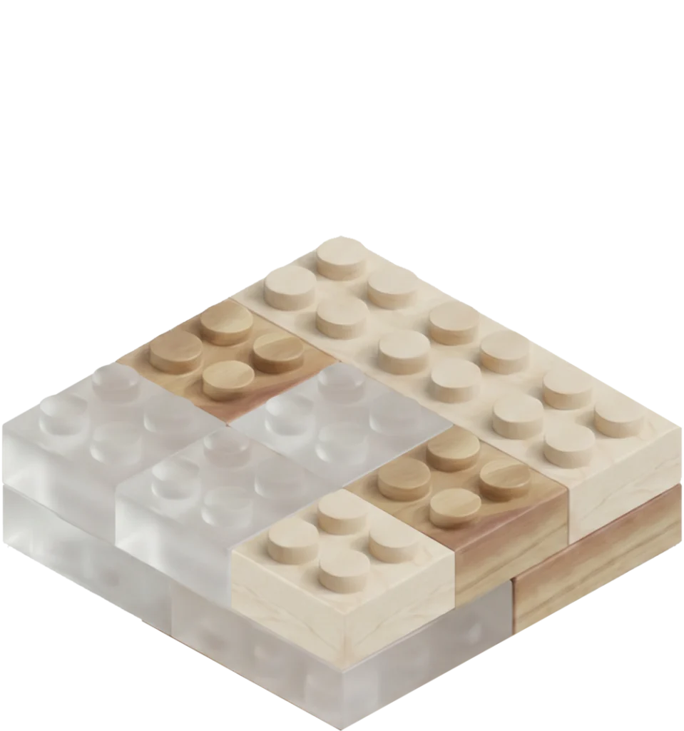 Isometric stack of interlocking LEGO-style blocks in wood tones and white, forming a stepped square platform.