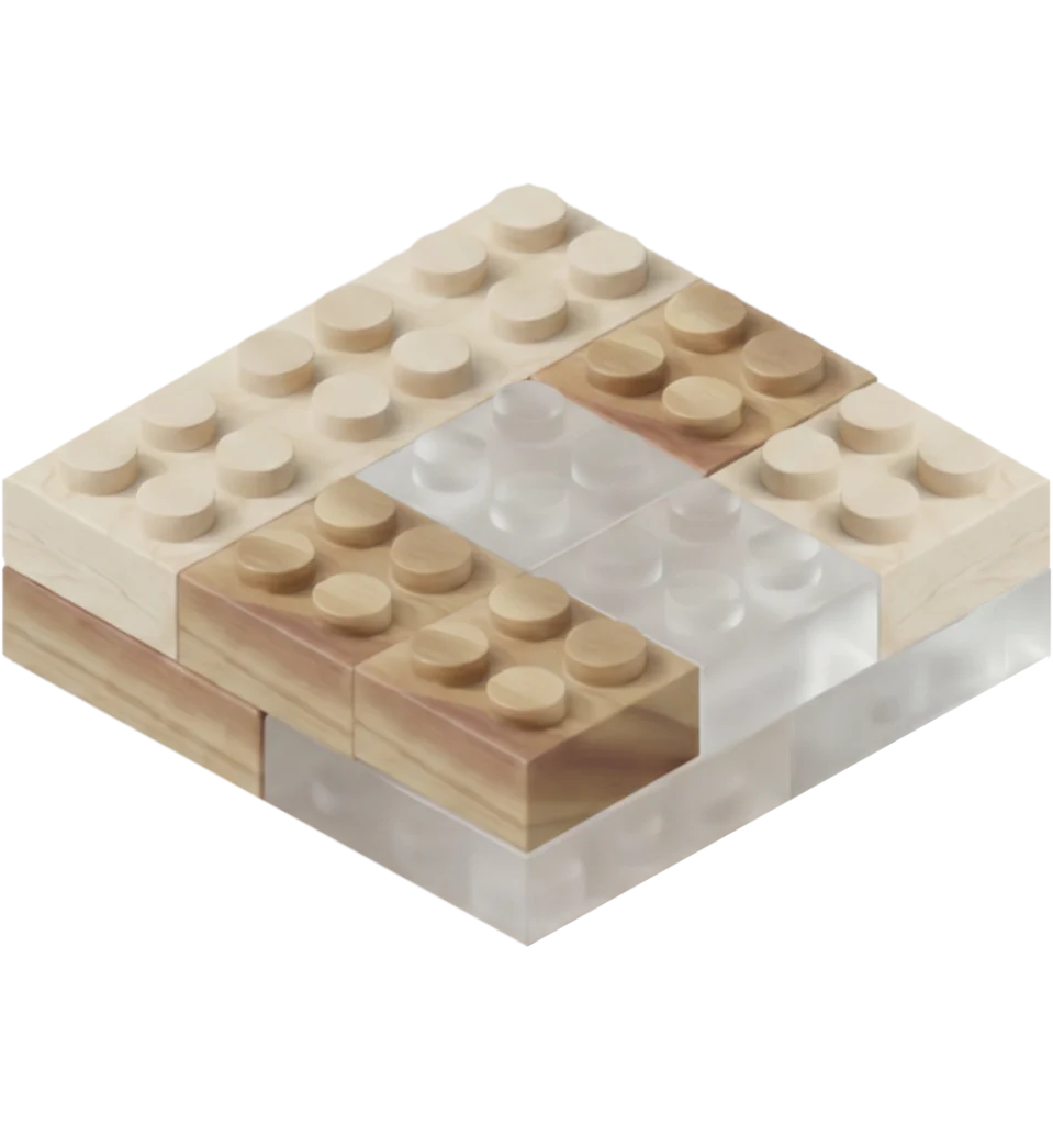 Isometric view of a square stack of wood-toned and cream LEGO bricks arranged in a layered pattern on a white surface.