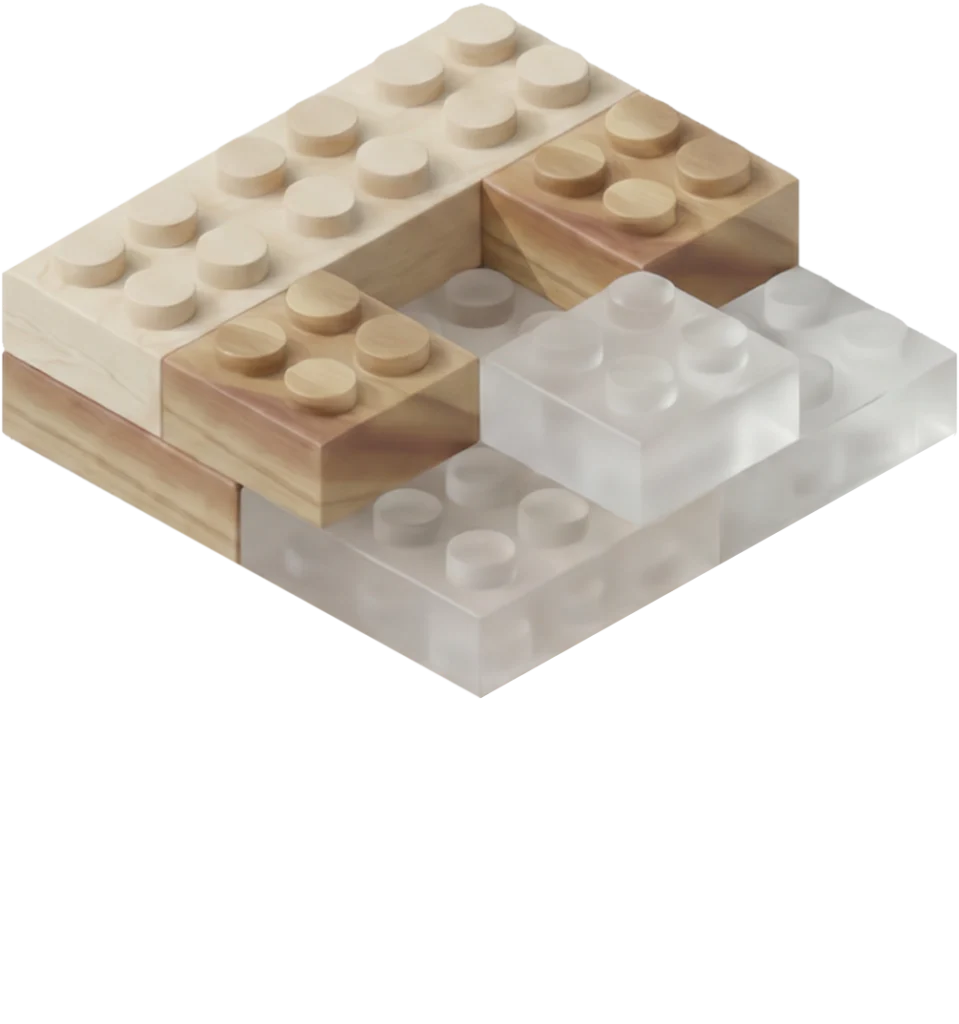 Isometric view of a stepped platform built from light wood and white Lego bricks of varying heights, forming a layered block.