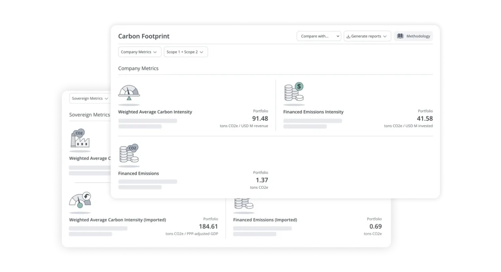 Dashboard zum CO₂-Fußabdruck mit den Kennzahlen „gewichtete durchschnittliche CO₂-Intensität“ und „finanzierte Emissionsintensität“ für ein Portfolio.