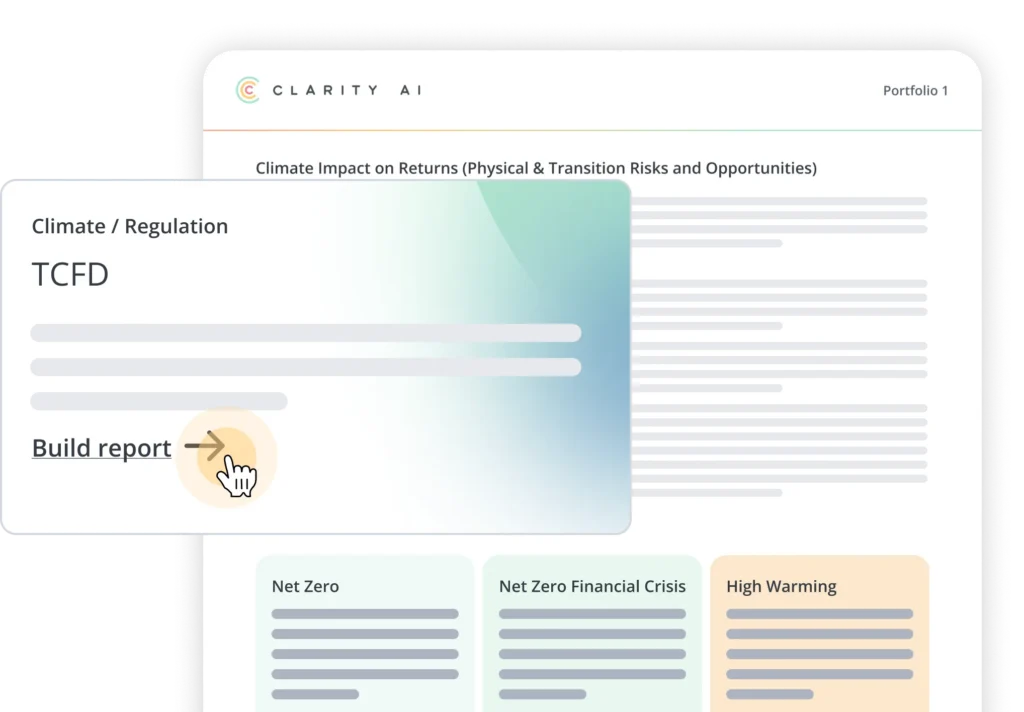 Clarity AI Portfolio-Ansicht mit einer Karte zum Thema „Klima/Regulierung“ mit der Bezeichnung „TCFD“, einer Berichtsaktion „Erstellen“ und zugehörigen Kategorie-Kacheln.