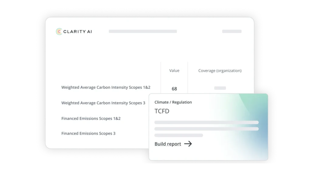 Clarity AI Dashboard mit einer Datentabelle zu den Bereichen der Kohlenstoffintensität und einer schwebenden Karte zum Thema „Klima/Regulierung“ mit der Bezeichnung „TCFD“ sowie einer Option zur Erstellung eines Berichts.