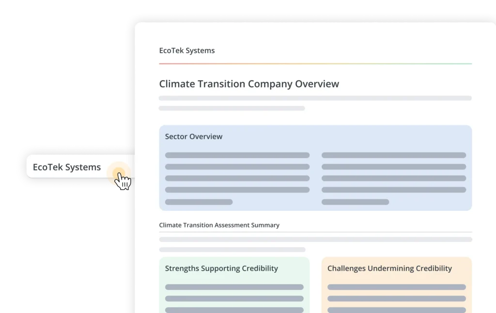 Folie mit dem Titel „Climate Transition – Unternehmensübersicht“ von EcoTek Systems, mit einer Karte zur Branchenübersicht und farbenfrohen Abschnitten.