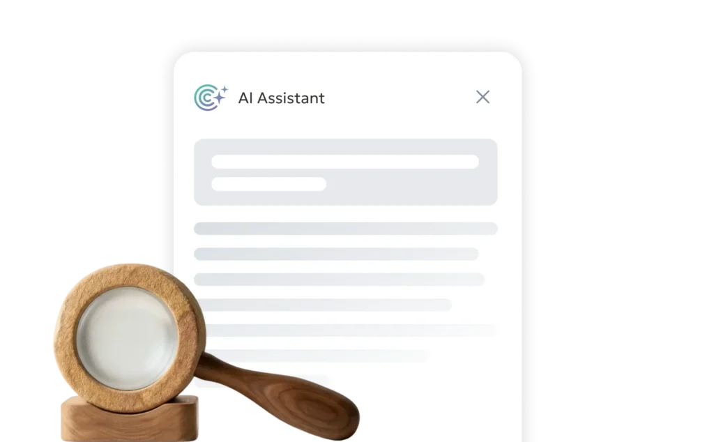 Wooden headset in the foreground beside a mock AI Assistant form with rounded input fields on white background.