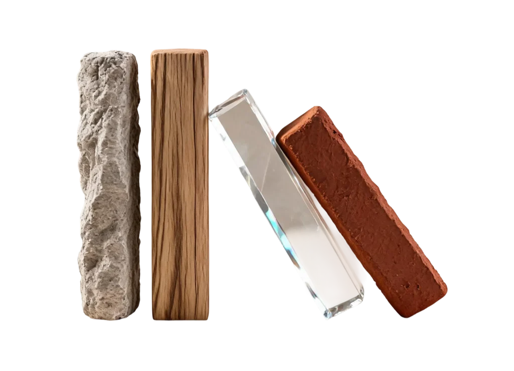 Quattro oggetti verticali disposti uno accanto all’altro: un pilastro di pietra grigia grezza, un palo di legno consumato dalle intemperie, una lama di coltello lucida appoggiata tra i due e un mattone di argilla rossa all’estrema destra.